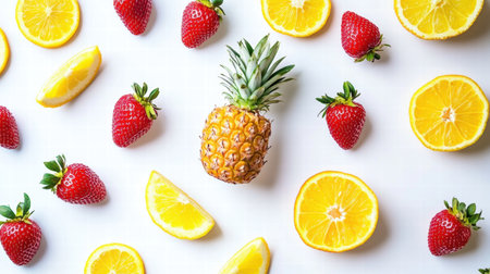 Vibrant tropical fruits are artistically arranged, showing the bright colors of pineapples, strawberries, and slices of citrus fruits.の素材