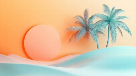 Palm trees stand gracefully against a soft orange and blue gradient sky, creating a serene tropical atmosphere at sunset.の素材
