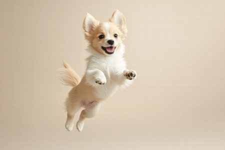 A cheerful puppy joyfully jumps in mid air, embodying playfulness and happiness in a soft, neutral background perfect for design ideas.の素材