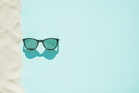 A pair of fashionable sunglasses rests on a light blue backdrop, creating an appealing contrast and providing ample space for additional text.の素材