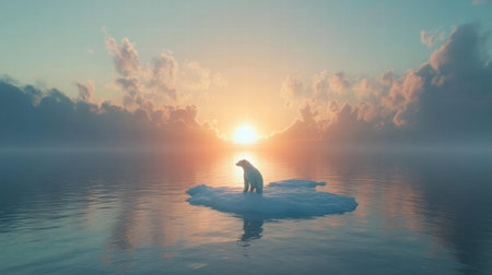 A solitary polar bear is perched on a small melting ice floe as the sun rises, casting vibrant colors across the serene waters and clouds.の素材