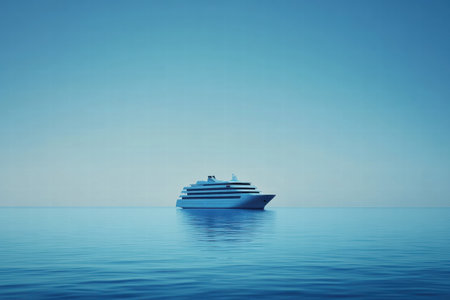A luxury cruise ship sails effortlessly on calm waters during sunset, creating a peaceful and serene atmosphere perfect for relaxation.の素材