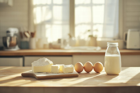 Gathered ingredients of eggs, milk, flour, and butter on a wooden kitchen counter illuminated by warm sunlight, perfect for baking.の素材