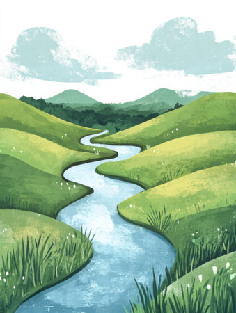 Serene green hills surround a gently winding river, with soft clouds drifting in the sky, creating a tranquil setting ideal for relaxation.の素材