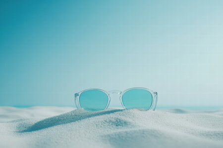 Clear sunglasses are positioned in soft, white sand beneath a vast blue sky, inviting thoughts of summer days and beach enjoyment.の素材