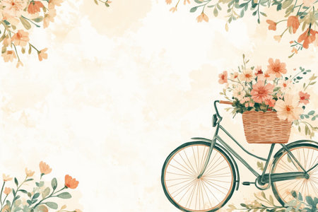 A delightful vintage bicycle rests with a basket brimming with colorful spring flowers, set against a soft, empty background for text.の素材