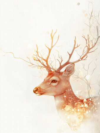 Beautifully illustrated deer features intricate antlers and a soft background, perfect for mockup designs and creative projects.の素材