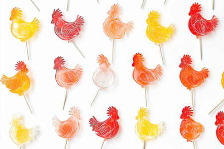 Vibrant rooster shaped lollipops are brightly arranged, showcasing a mix of red, yellow, and orange colors with an empty space for text.の素材