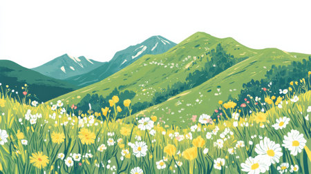 Colorful doodle depicting rolling mountain slopes adorned with blooming flowers and ample copy space for personalized text or designs.の素材