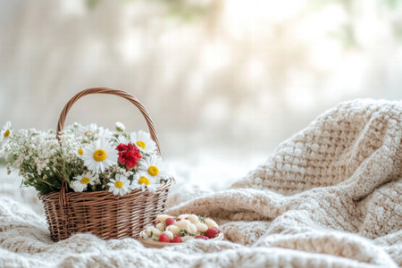 A picnic blanket is spread with a wicker basket full of flowers and snacks, inviting a joyful gathering.の素材