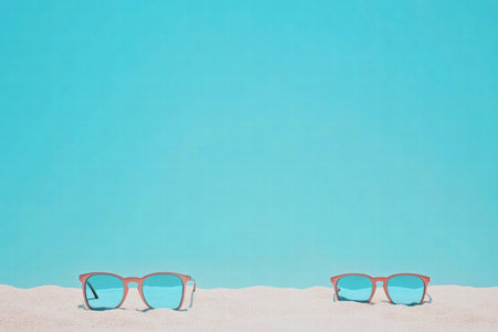 Two pairs of vibrant sunglasses rest on the soft sand against a clear blue backdrop, creating a perfect setup for summer relaxation.の素材