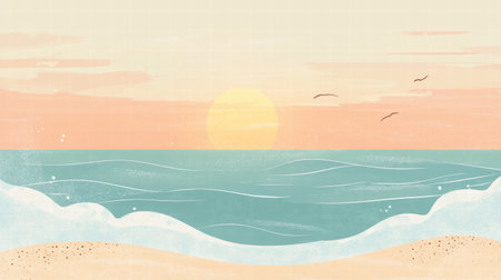 Colorful naive art style background features a calming sunset over the ocean with gentle waves, ideal for text placement and creativity.の素材