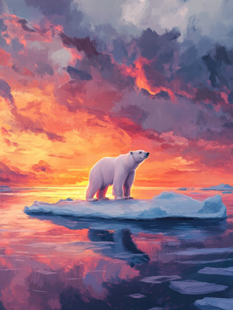 A solitary polar bear on a small ice floe reflects the beauty and fragility of its Arctic habitat during a stunning sunset, signaling climate change.の素材