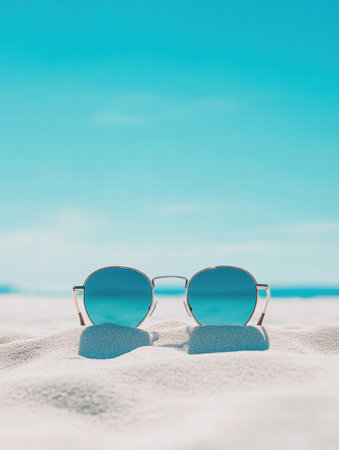 Relaxing beach setting featuring chic sunglasses on fine sand. Perfect for summer escapades and sunny getaways.の素材