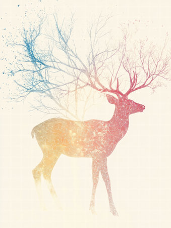 An elegant deer illustration with majestic antlers and soft colors creates a serene atmosphere, ideal for presentations.の素材