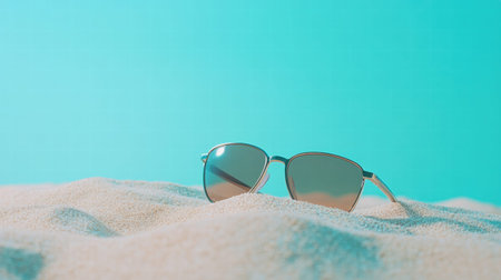Sunglasses sit partially buried in soft, light sand under a bright sky, providing a perfect spot for custom text or branding.の素材