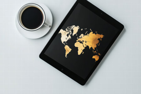 This composition features a tablet showcasing a gold world map alongside a coffee cup, perfect for a professional or creative mock up.の素材