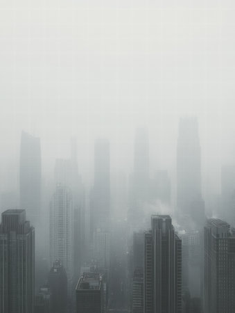 A thick smog blankets the city, dimming the skyline and shrouding buildings in gray, creating a somber urban mood.の素材