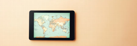 Tablet featuring a colorful world map rests against a soft background, offering a perfect space for adding text or graphics for various projects.の素材