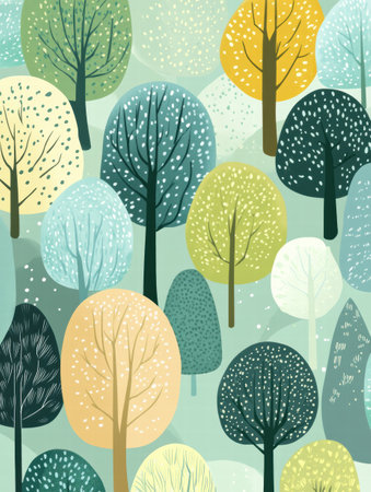 Vibrant forest illustration featuring diverse trees in various colors, perfect for creative projects needing space for custom text.の素材