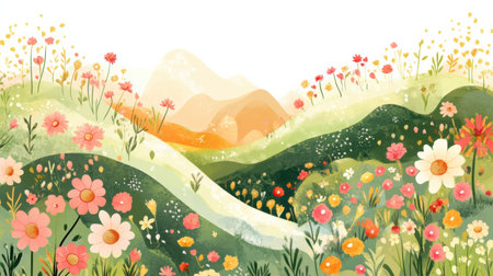 Bright and cheerful doodle featuring lush mountain slopes adorned with vibrant flowers and plenty of space for additional text or design elements.の素材