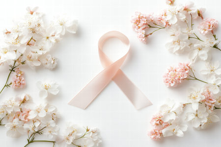 A soft pink ribbon symbolizes the fight against cancer, framed by white and pink blossoms, creating a calm and hopeful atmosphere.の素材