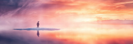 A solitary polar bear stands on a small melting ice floe, reflecting on serene waters at sunset with vibrant colors in the sky.の素材