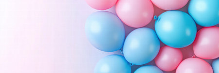 Bright pink and blue balloons are arranged to provide a cheerful atmosphere, featuring area for personalized text or messages.の素材