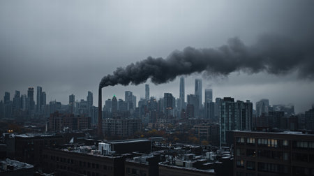Chimneys are actively emitting dense black smoke into a gloomy gray sky above a sprawling urban landscape, showing industrial pollution.の素材