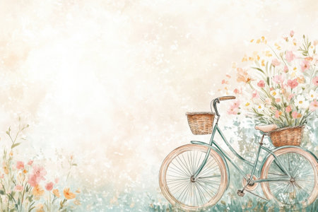 A charming vintage bike with a woven basket full of bright spring flowers leans against a soft pastel backdrop, evoking joy.の素材