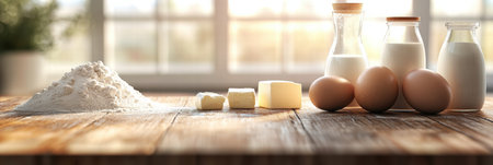 Fresh eggs, butter, flour, and milk arranged on a rustic kitchen counter with natural light illuminating the space.の素材