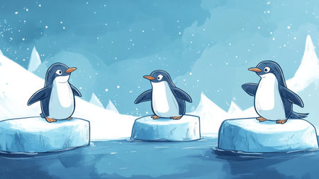 Three cheerful penguins gather on separate floating icebergs in a tranquil arctic setting with soft snow and clear blue skies, leaving room for text.の素材