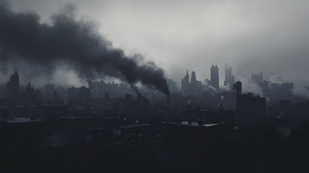 Thick black smoke billows from multiple industrial chimneys, darkening the overcast sky above the urban landscape during early morning.の素材
