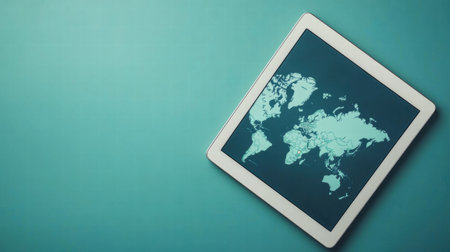 A tablet showcases a world map against a vibrant background, offering a modern design with space for personalized text or graphics.の素材