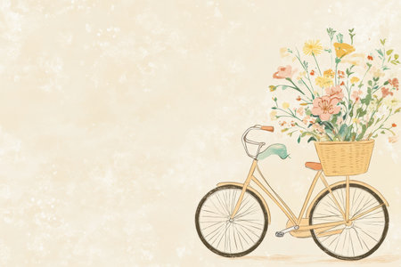 A charming vintage bicycle features a basket overflowing with vibrant spring flowers, surrounded by clean copy space ideal for creative use.の素材