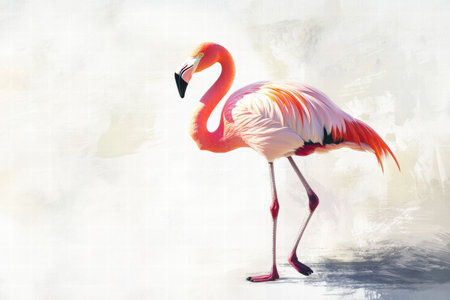 A flamingo stands elegantly on one leg against a gentle, light backdrop, providing an ideal area for adding custom text or messages.の素材