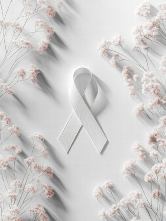 A white cancer awareness ribbon sits among soft flowers on a light backdrop, evoking a serene atmosphere.の素材