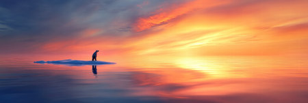 Polar bear stands alone on a small melting ice floe, surrounded by tranquil waters reflecting a stunning sunset over the horizon.の素材