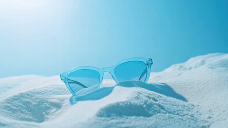 Stylish blue sunglasses are partially buried in the soft white sand, under a bright clear sky at a sunny beach setting.の素材