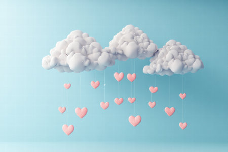 Naive and playful Valentines Day design featuring fluffy clouds above falling pink hearts against a blue backdrop with copy space.の素材