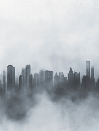 A thick layer of smog envelops a sprawling city skyline, shrouding the tall buildings in a hazy mist during the early morning.の素材