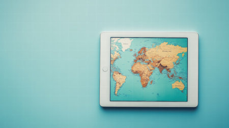 Modern flat lay featuring a tablet with a world map, providing space for notes and ideas, ideal for travel planning or educational content.の素材