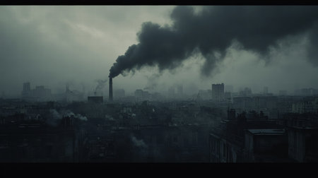 Thick black smoke bills from industrial chimneys, darkening the skyline as clouds loom overhead. The air is heavy with pollution.の素材