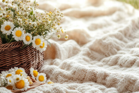 A cheerful picnic setup features a cozy blanket, a basket filled with delicious food, and vibrant flowers, perfect for a sunny day outdoors.の素材