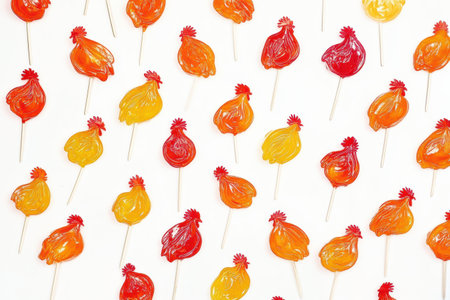 Vibrant rooster shaped lollipops in various colors create a playful arrangement on a clean background, ideal for promotional use or creative projects.の素材