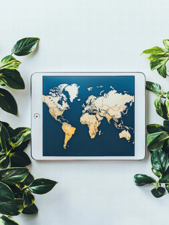 A tablet showcasing a world map rests among green leaves, providing a visual exploration and an opportunity for creative text placement.の素材