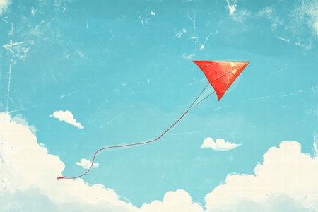 A vibrant red kite elevates gracefully against a clear blue sky filled with soft white clouds, leaving the room for your imaginative designs and text.の素材