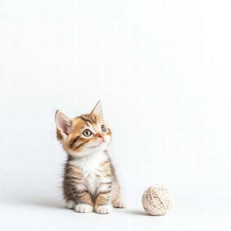 A playful kitten is engaging with a soft ball of yarn, showing curiosity and excitement in a bright indoor environment.の素材