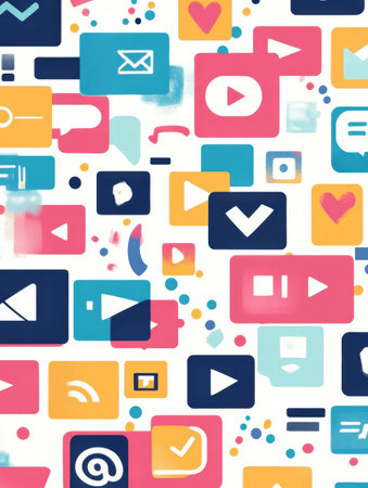 This artwork showcases a vibrant array of digital icons symbolizing social media trends, communication tools, and user interaction.の素材