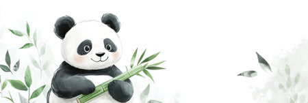A charming panda enjoys munching on bamboo in a serene setting, surrounded by delicate leaves and ample space for text inclusion.の素材